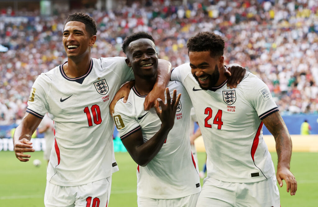 Tuchel explains not playing Saka in World Cup semi-final 2 Bukayo Saka #7 of England celebrates scoring his team's fifth and hat trick goal with teammates Jude Bellingham #10 and Reece James #24
