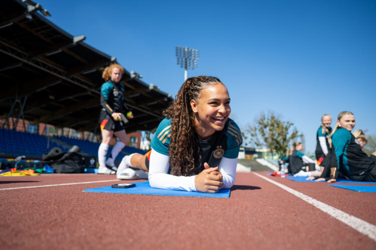 Lisa Baum of Germany smiles during warm up ahead the Women's Under-19 European Qualifier match between Germany and Israel on April 2, 2025 in Torun...