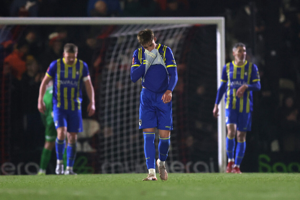 Ollie Dewsbury of Weston-super-Mare reacts after they concede a third goal during the Emirates FA Cup Third Round match between Grimsby Town and We...