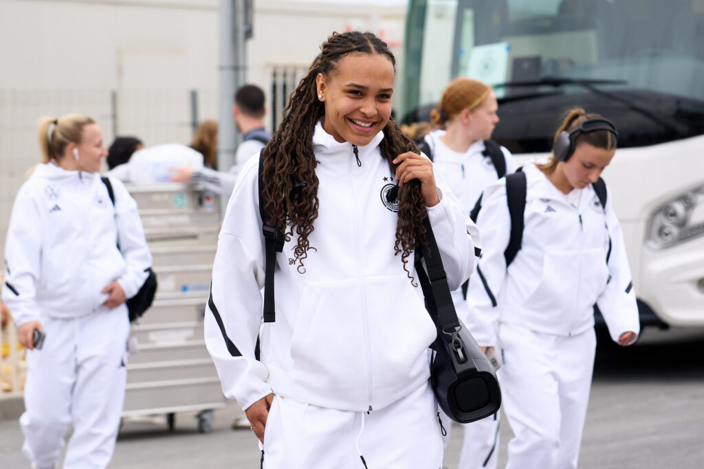 Lisa Baum of Germany arrives prior to the U19 Women's International Friendly match between Italy and Germany at La Nucia Ciutat Esportiva on February 22, 2025 in Alicante, Spain