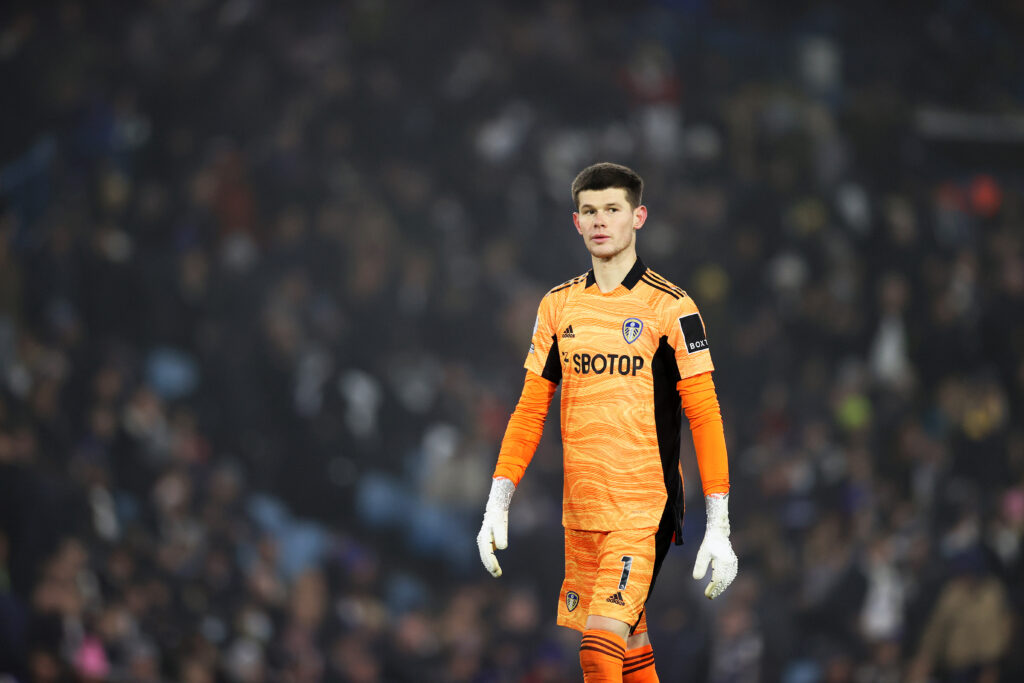 Illan Meslier of Leeds United looks on during the Premier League match between Leeds United and Arsenal at Elland Road on December 18