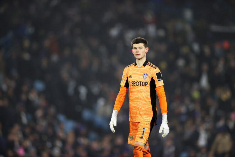 Illan Meslier of Leeds United looks on during the Premier League match between Leeds United and Arsenal at Elland Road on December 18