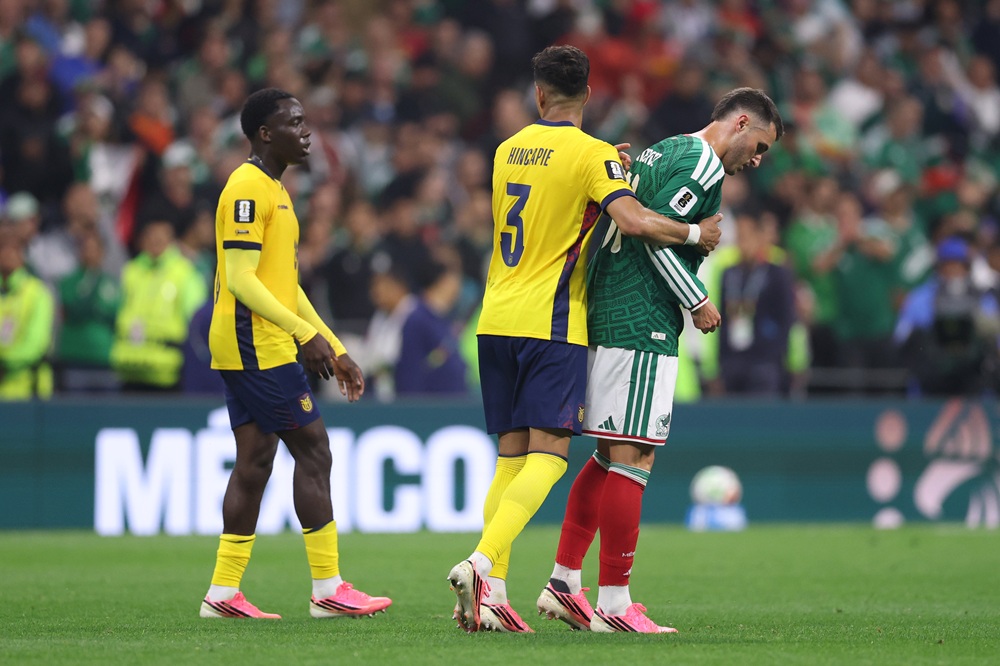 Santiago Gimenez #11 of Mexico reacts with Piero Hincapie #3 of Ecuador during the FIFA World Cup 2026 Round Of 32 match between Mexico and Ecuador at Mexico City Stadium on June 30, 2026 in Mexico City, Mexico. (Photo by Luke Hales/Getty Images)