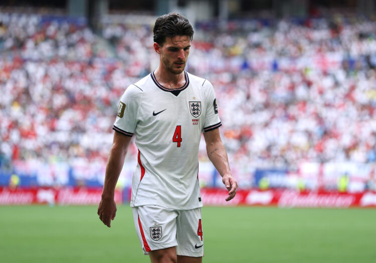Declan Rice #4 of England looks on during the FIFA World Cup 2026 Quarter Final match between Norway and England at Miami Stadium on July 11, 2026 ...