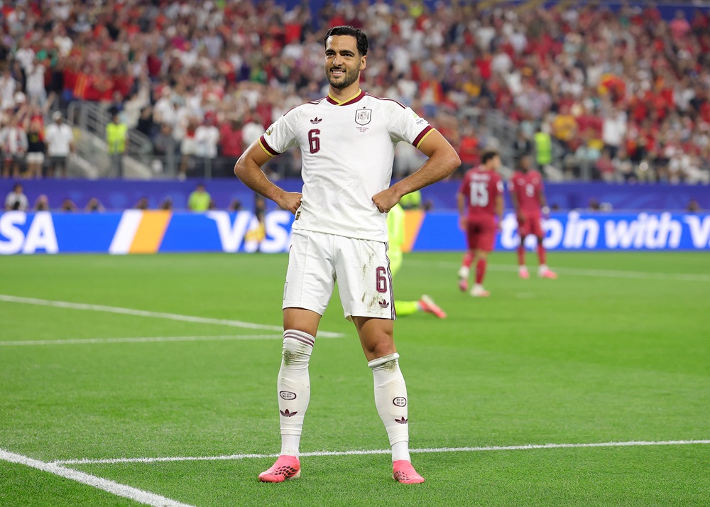 Mikel Merino #6 of Spain celebrates scoring his team's first goal during the FIFA World Cup 2026 Round of 16 match between Portugal and Spain at Dallas Stadium on July 06, 2026 in Arlington, Texas. (Photo by Alex Slitz/Getty Images)