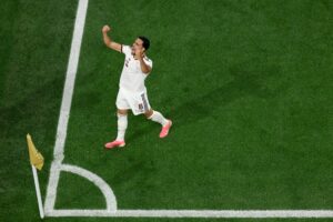 Mikel Merino #6 of Spain celebrates scoring his team's first goal during the FIFA World Cup 2026 Round of 16 match between Portugal and Spain at Dallas Stadium on July 06, 2026 in Arlington, Texas. (Photo by Kevin C. Cox/Getty Images)