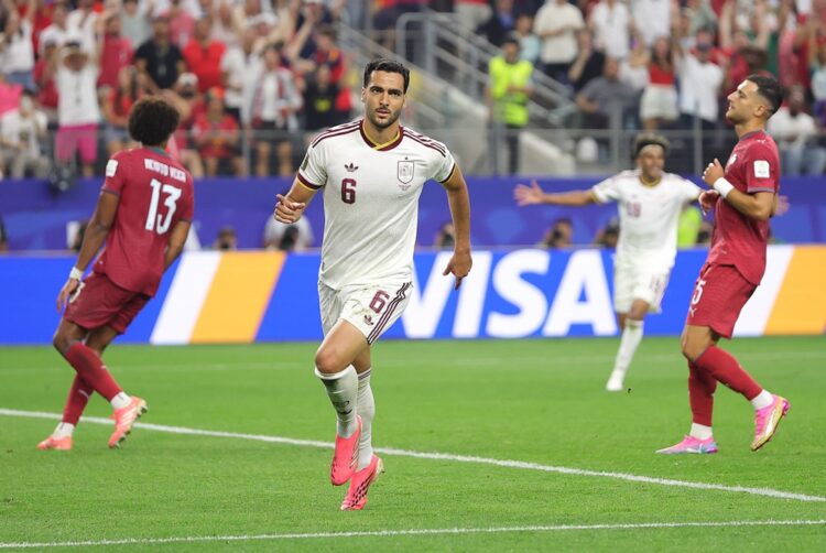 Mikel Merino #6 of Spain celebrates scoring his team's first goal during the FIFA World Cup 2026 Round of 16 match between Portugal and Spain at Da...