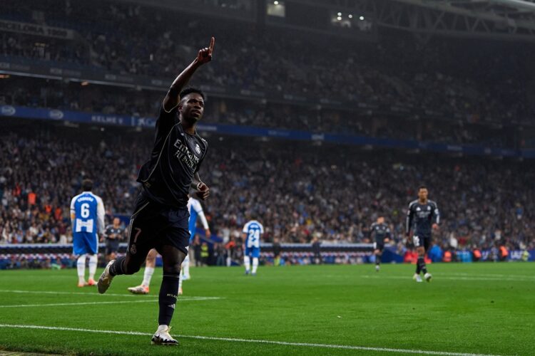 Vinicius Junior of Real Madrid celebrates after scoring his team's second goal during the LaLiga EA Sports match between RCD Espanyol de Barcelona ...