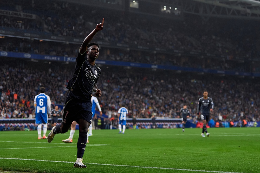 Vinicius Junior of Real Madrid celebrates after scoring his team's second goal during the LaLiga EA Sports match between RCD Espanyol de Barcelona ...