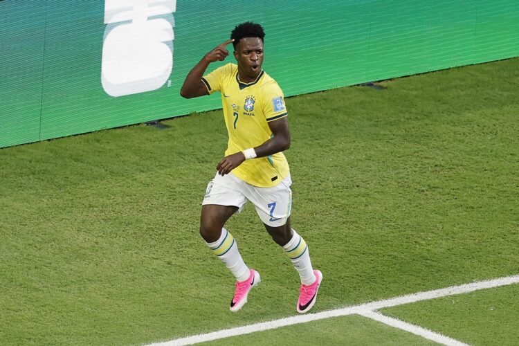 Vinicius Junior #7 of Brazil celebrates his team's second goal during the FIFA World Cup 2026 Group C match between Scotland and Brazil at Miami St...