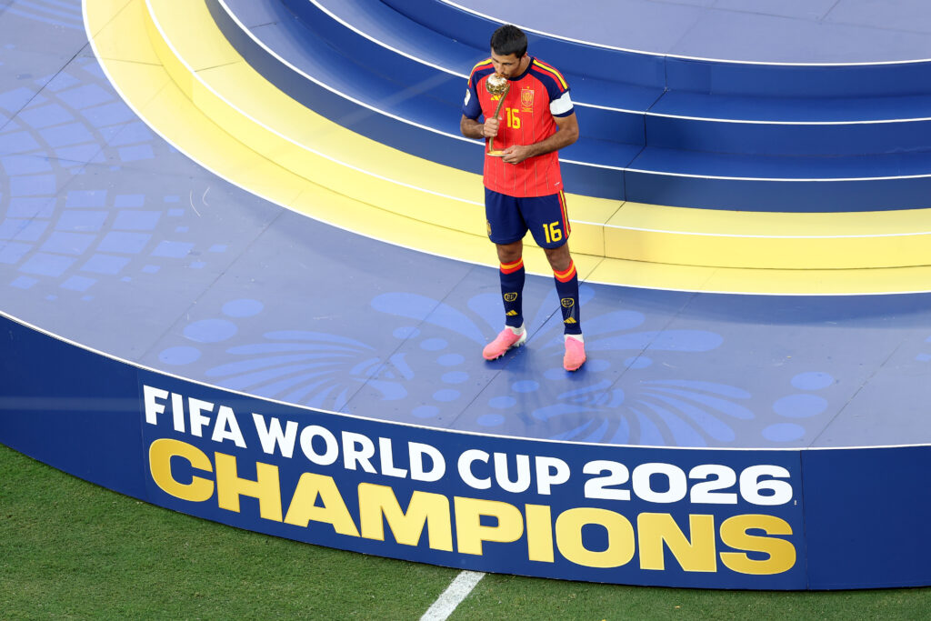 Rodri #16 of Spain is presented with the Golden Ball award after the FIFA World Cup 2026 Final match between Spain and Argentina at New York New Jersey Stadium on July 19, 2026