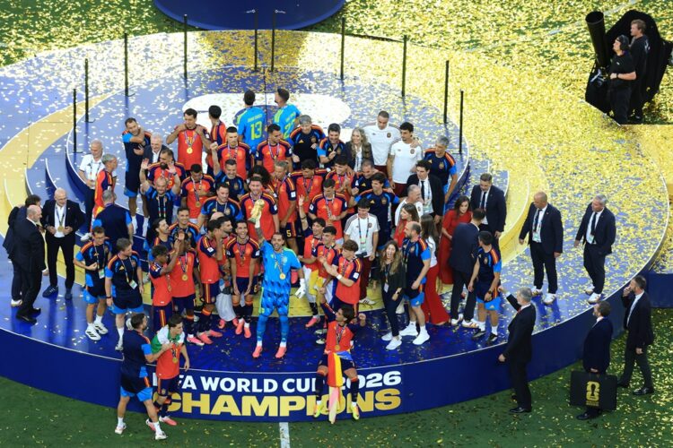 David Raya #1 of Spain lifts the FIFA World Cup Winner’s Trophy after the team’s victory following the FIFA World Cup 2026 Final match between Spai...