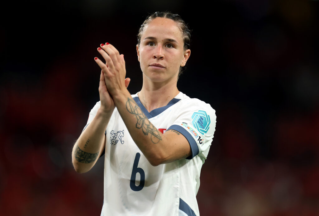 Geraldine Reuteler of Switzerland acknowledges the fans following her team's defeat and elimination at the end of the UEFA Women's EURO 2025 Quarter-Final match between Spain v Switzerland at Stadion Wankdorf on July 18, 2025 in Bern,