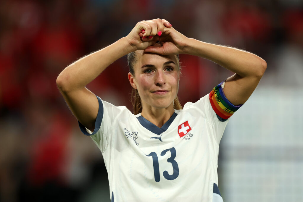 Lia Waelti of Switzerland reacts following her team's defeat and elimination at the end of the UEFA Women's EURO 2025 Quarter-Final match between Spain v Switzerland at Stadion Wankdorf on July 18, 2025