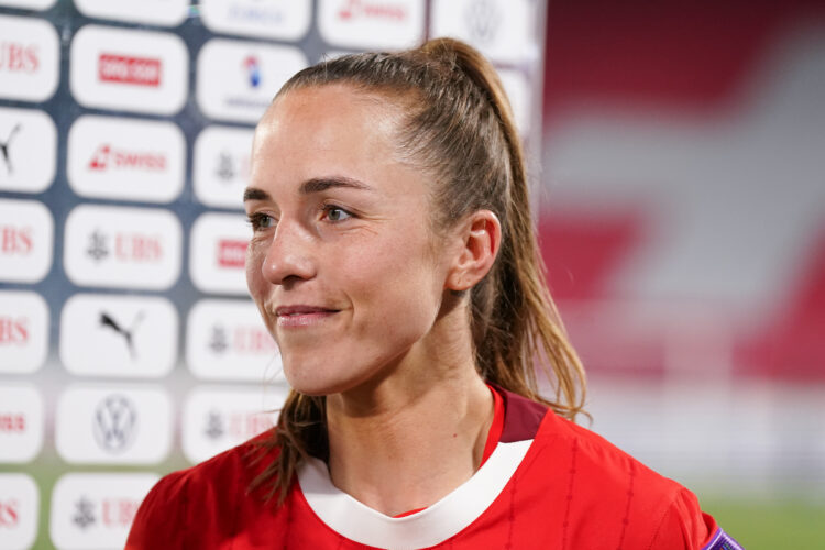 Lia Walti of Switzerland during an tv interview after the 2027 FIFA Women's World Cup Qualifier match between Switzerland and Northern Ireland at S...