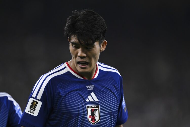 Takehiro Tomiyasu #22 of Japan looks on during the FIFA World Cup 2026 Group F match between Tunisia and Japan at Monterrey Stadium on June 20, 202...