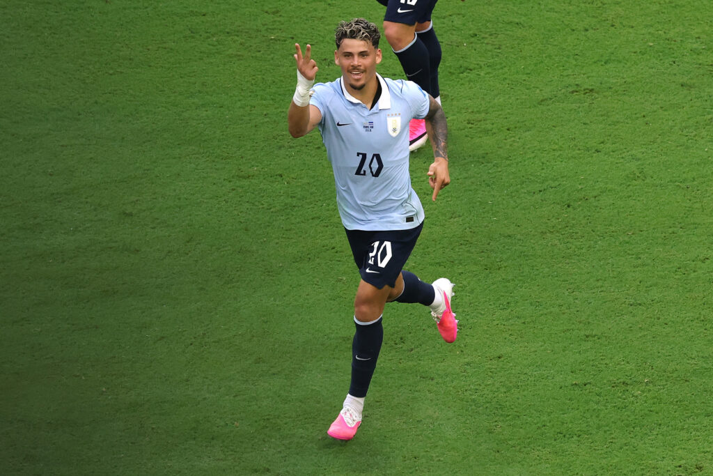 MIAMI GARDENS, FLORIDA - JUNE 21: Maxi Araujo #20 of Uruguay celebrates scoring his team's first goal during the FIFA World Cup 2026 Group H match between Uruguay and Cabo Verde at Miami Stadium on June 21, 2026 in Miami Gardens, Florida. (Photo by Molly Darlington/Getty Images)