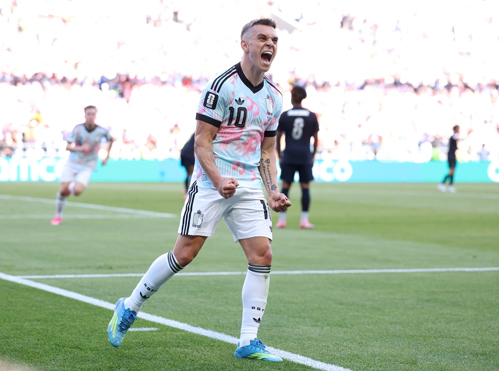 Leandro Trossard #10 of Belgium celebrates the team's second goal scored by Charles De Ketelaere #17 (not pictured) during the FIFA World Cup 2026 ...