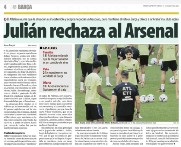 Julian rejects Arsenal → Atlético assumes that the situ­ation is unsus­tain­able and agrees to nego­ti­ate a trans­fer, but main­tains the veto to Barça and offers the 'Spider' to go to the Eng­lish club