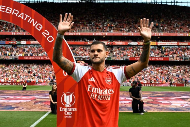 Bruno Guimaraes during his introduction at the Emirates Stadium (Photo via Arsenal.com)