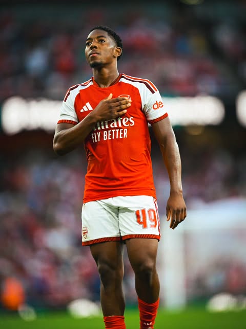 Myles Lewis-Skelly taps the Arsenal badge (Photo via Lewis-Skelly on Instagram)