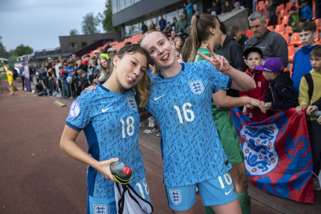 TARTU, ESTONIA - MAY 17: Erica Parkinson and Sophie Harwood of England pose during the UEFA Women's European Under-17 Championship 2022/23 Group B match between Sweden and England at Tamme Staadion on May 17, 2023 in Tartu, Estonia. (Photo by Marko Mumm/Getty Images)