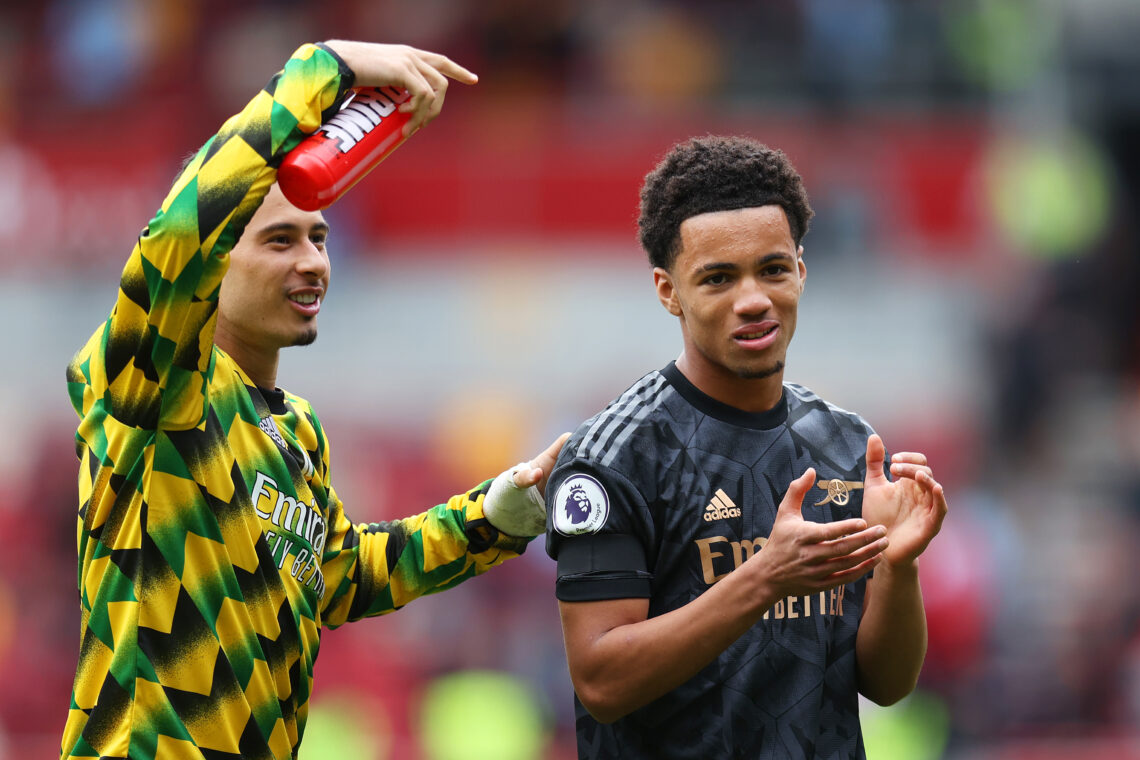 Ethan Nwaneri (R) of Arsenal applauds the fans next to Gabriel Martinelli following the Premier League match between Brentford FC and Arsenal FC at...
