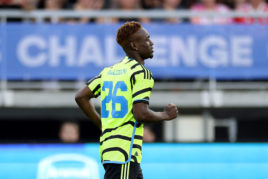 WASHINGTON, DC - JULY 18: Folarin Balogun #26 of Arsenal FC looks on during the MLS All-Star Skills Challenge between Arsenal FC and MLS All-Stars at Audi Field on July 18, 2023 in Washington, DC. (Photo by Tim Nwachukwu/Getty Images)