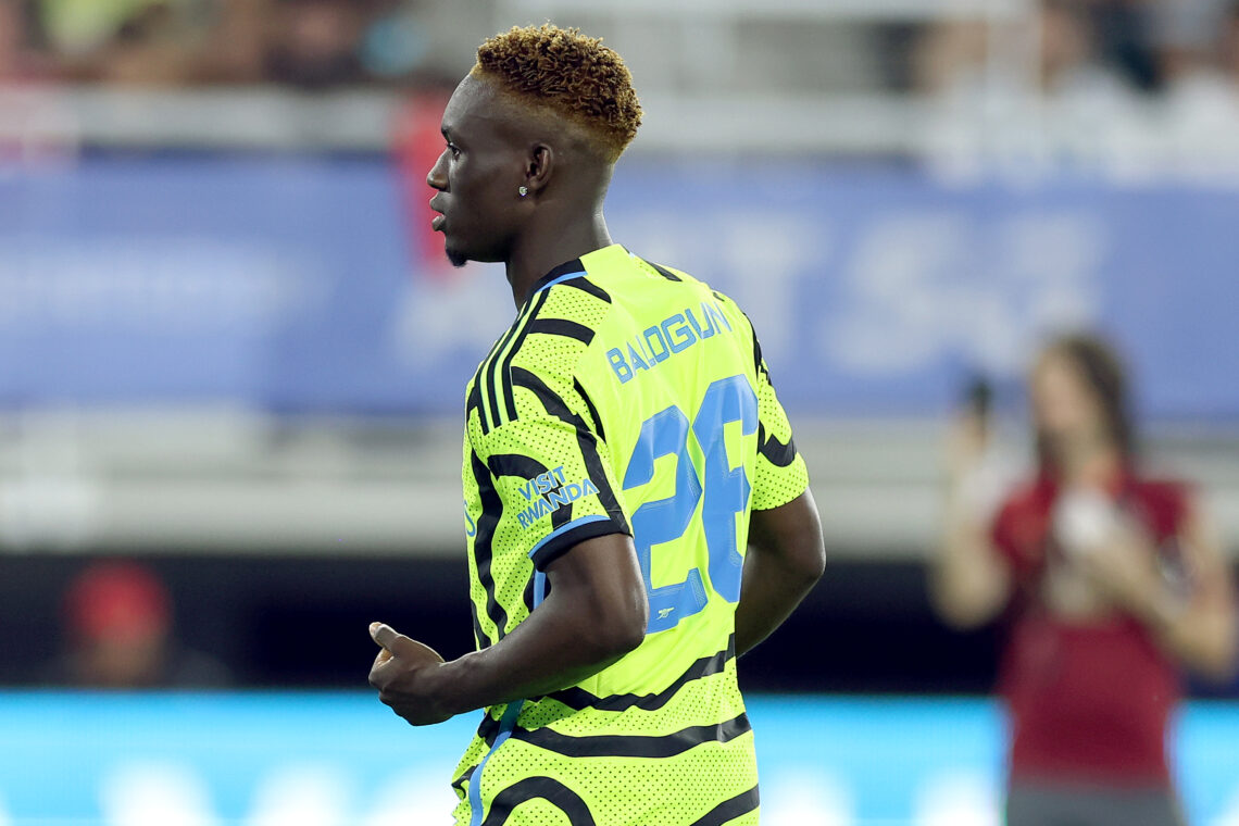 Folarin Balogun #26 of Arsenal FC looks on during the MLS All-Star Skills Challenge between Arsenal FC and MLS All-Stars at Audi Field on July 18, ...