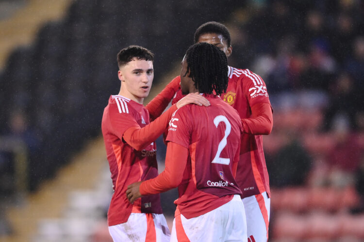 James Scanlon of Manchester United celebrates scoring his team's second goal with teammates during the The FA Youth Cup 5th Round match between Man...