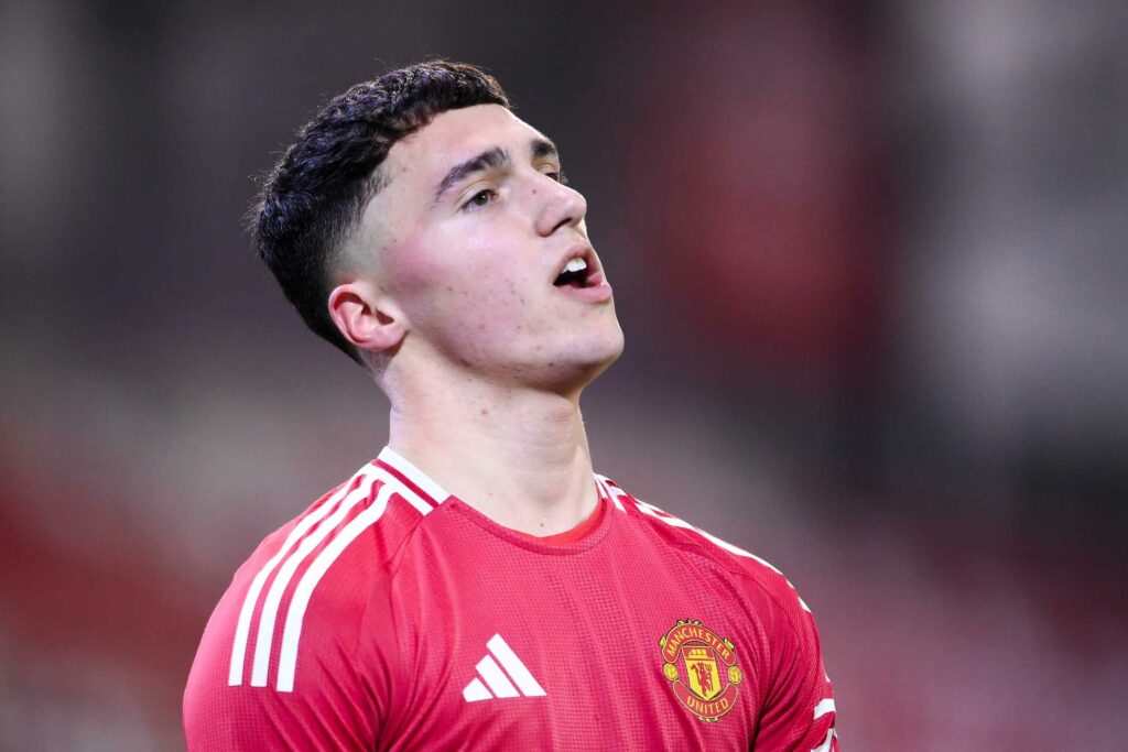 LEIGH, ENGLAND - FEBRUARY 12: James Scanlon of Manchester United reacts during the The FA Youth Cup 5th Round match between Manchester United and Chelsea at Leigh Sports Village on February 12, 2025 in Leigh, England. (Photo by Ben Roberts Photo/Getty Images)