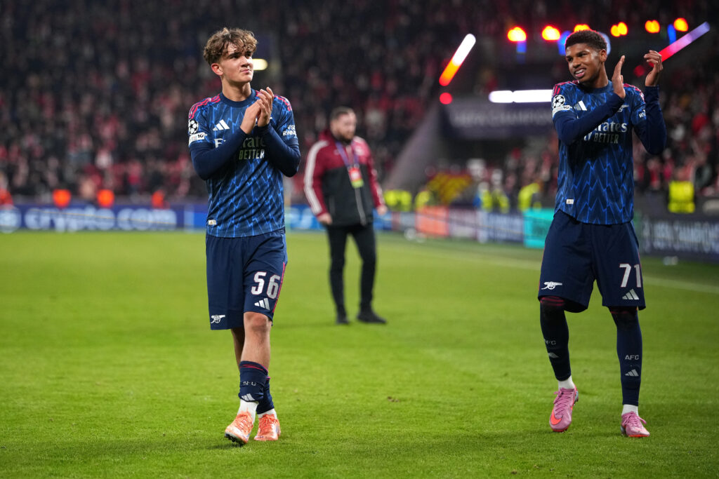 PRAGUE, CZECH REPUBLIC - NOVEMBER 04: Max Dowman (L) and Andre Annous (R) of Arsenal acknowledge the fans after the teams victory in the UEFA Champions League 2025/26 League Phase MD4 match between SK Slavia Praha and Arsenal FC at Eden Arena on November 04, 2025 in Prague, Czech Republic. (Photo by Gabriel Kuchta/Getty Images)