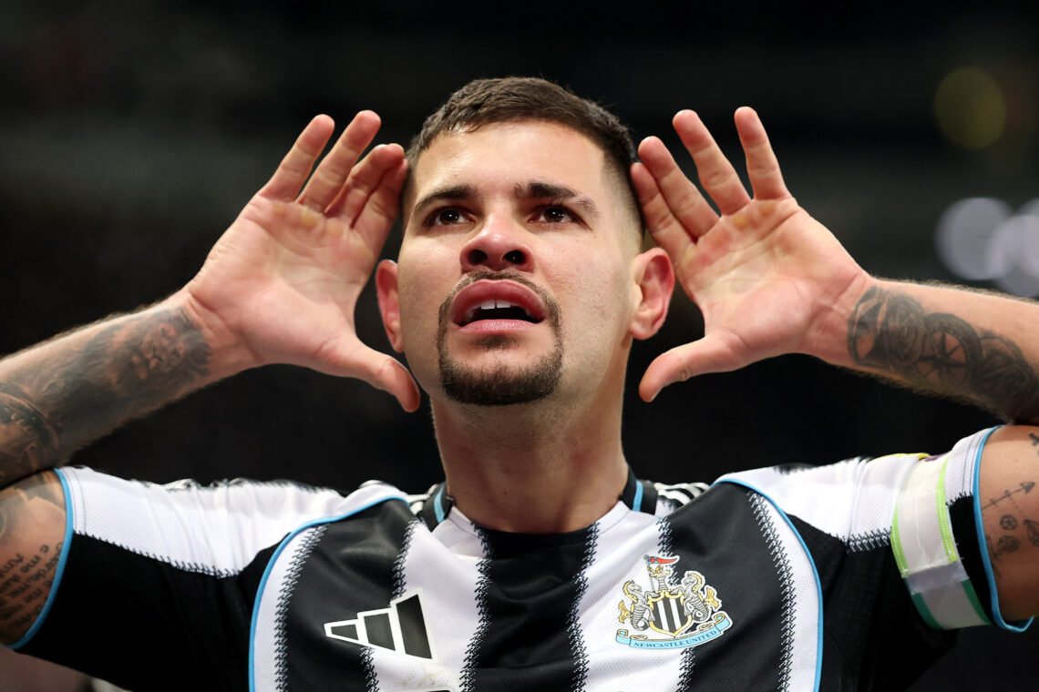 Bruno Guimaraes of Newcastle United celebrates scoring his team's first goal during the Premier League match between Newcastle United and Crystal P...