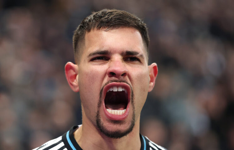 Bruno Guimaraes of Newcastle celebrates after scoring the first Newcastle goal during the Premier League match between Newcastle United and Crystal...