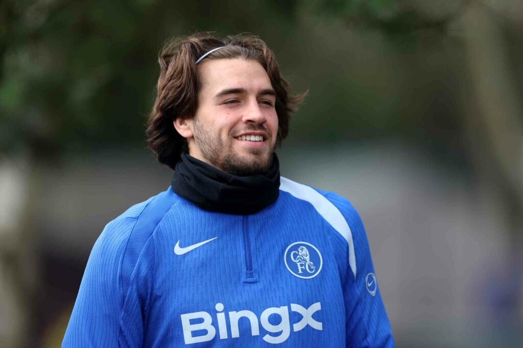 COBHAM, ENGLAND - MARCH 16: Marc Guiu of Chelsea reacts during a training session at Chelsea Training Ground on March 16, 2026 in Cobham, England. (Photo by Luke Walker/Getty Images)