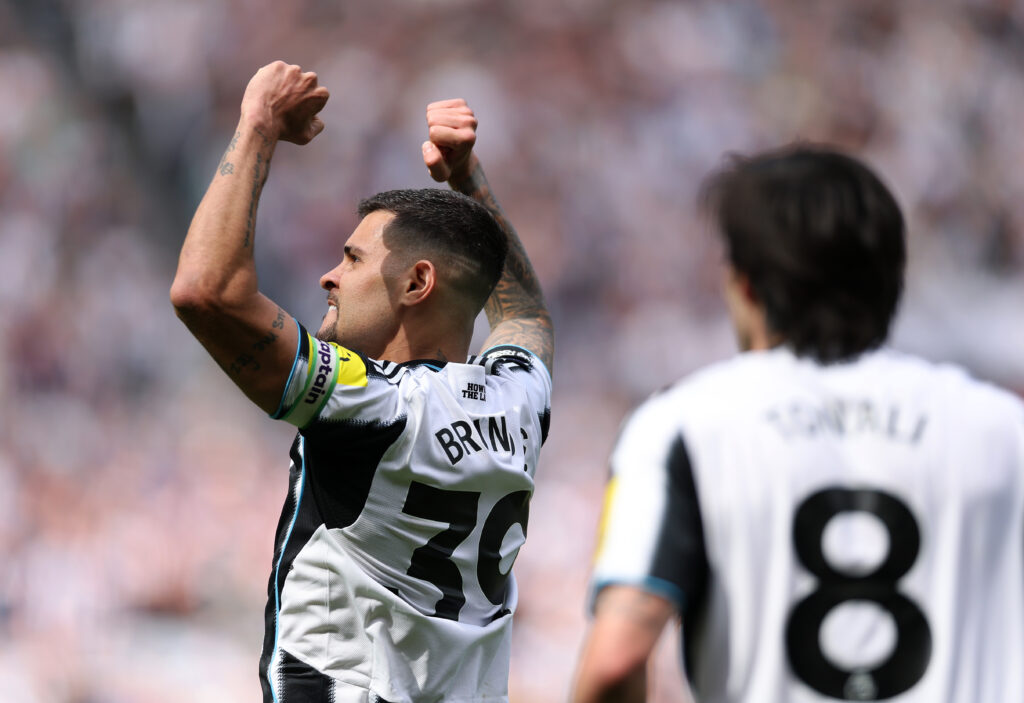 NEWCASTLE UPON TYNE, ENGLAND - MAY 02: Bruno Guimaraes of Newcastle United celebrates their team's first goal scored by teammate William Osula (not pictured) as Sandro Tonali looks on during the Premier League match between Newcastle United and Brighton & Hove Albion at St James' Park on May 02, 2026 in Newcastle upon Tyne, England. (Photo by Stu Forster/Getty Images)