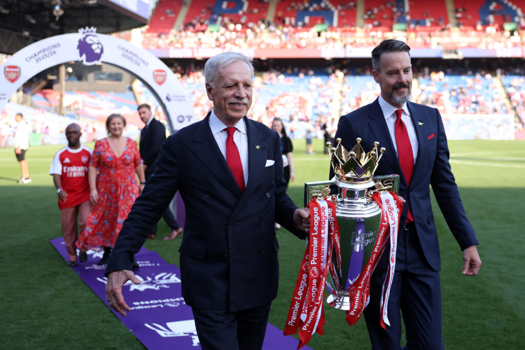Arsenal owners send message to fans ahead of Premier League opening game 5 LONDON, ENGLAND - MAY 24: Josh Kroenke, Co-Chair of Arsenal, and Stan Kroenke, Owner of Kroenke Sports & Entertainment, present the Premier League trophy ahead of the presentation after the Premier League match between Crystal Palace and Arsenal at Selhurst Park on May 24, 2026 in London, England. (Photo by Michael Regan/Getty Images For Premier League)
