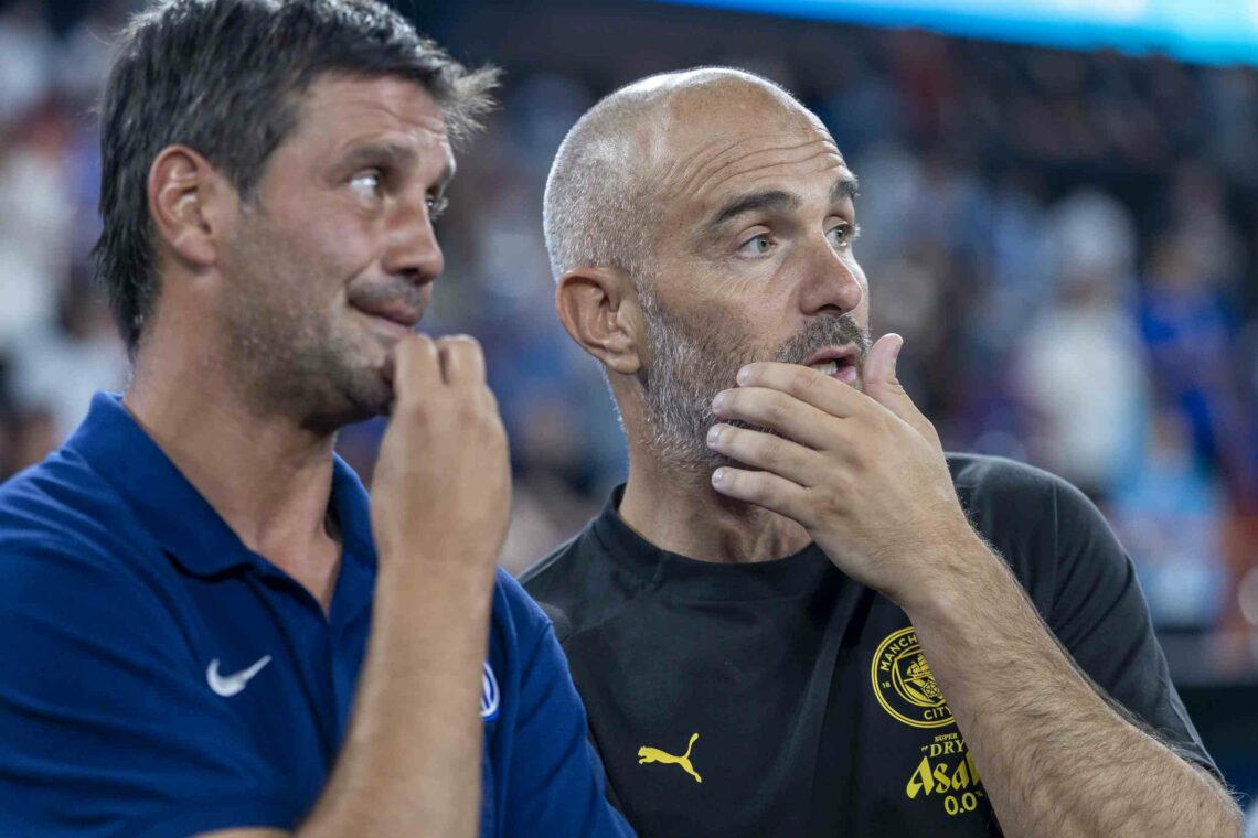 Man City captain named for Arsenal match 1 Head coach Enzo Maresca of Manchester City (R) and Team head coach Cristian Chivu (L) talk after the Manchester City v Inter Milan - Pre-Season Fri...