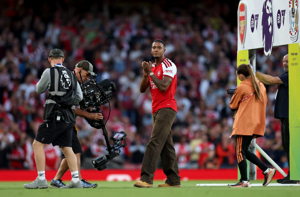 New signing Ezri Konsa of Arsenal acknowledges the fans as he is introduced before the Premier League 2026/27 match between Arsenal FC and Coventry...