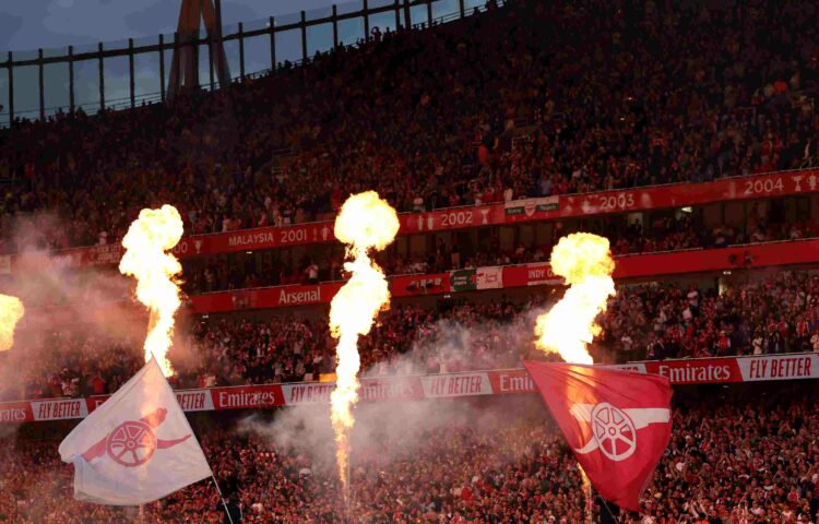 General view inside the stadium as a pyrotechnics display takes place before the Premier League 2026/27 match between Arsenal FC and Coventry City ...
