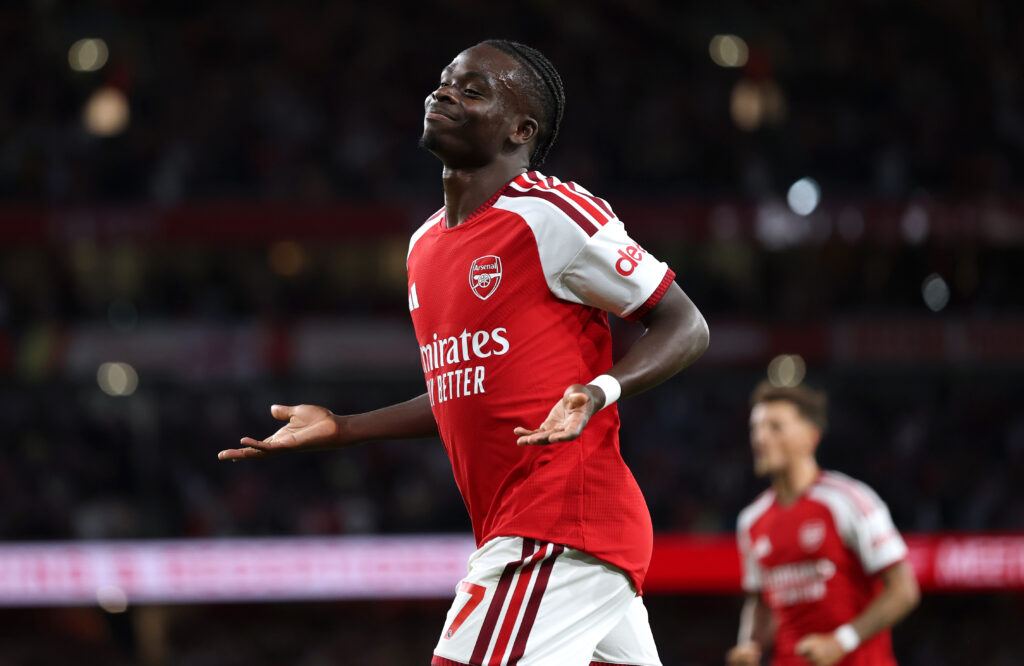 LONDON, ENGLAND - AUGUST 21: Bukayo Saka of Arsenal celebrates scoring his team’s second goal during the Premier League 2026/27 match between Arsenal FC and Coventry City at Emirates Stadium on August 21, 2026 in London, England. (Photo by Julian Finney/Getty Images)