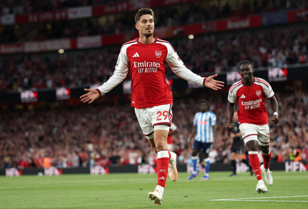 LONDON, ENGLAND - AUGUST 21: Kai Havertz of Arsenal celebrates scoring his team’s first goal during the Premier League 2026/27 match between Arsenal FC and Coventry City at Emirates Stadium on August 21, 2026 in London, England. (Photo by Julian Finney/Getty Images)