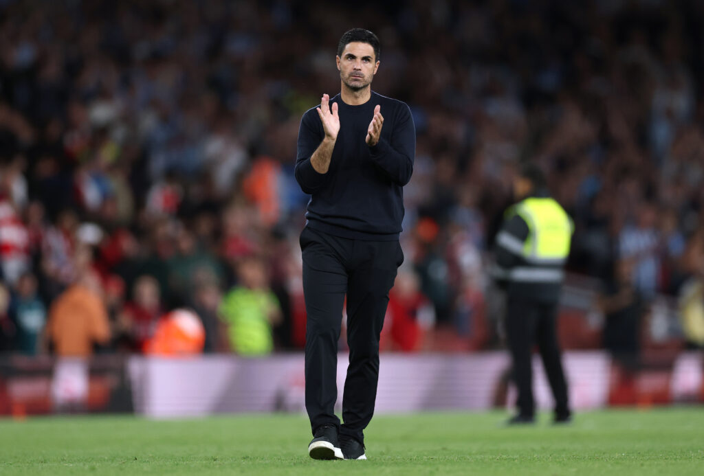 LONDON, ENGLAND - AUGUST 21: Mikel Arteta, Manager of Arsenal, acknowledges the fans after victory in the Premier League 2026/27 match between Arsenal FC and Coventry City at Emirates Stadium on August 21, 2026 in London, England. (Photo by Justin Setterfield/Getty Images)