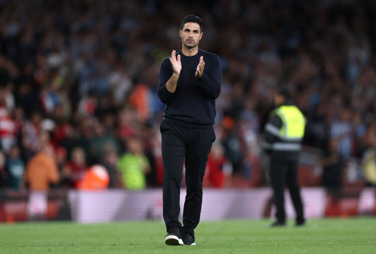 Mikel Arteta, Manager of Arsenal, acknowledges the fans after victory in the Premier League 2026/27 match between Arsenal FC and Coventry City at E...