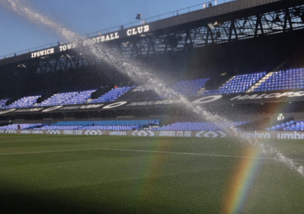 IPSWICH, ENGLAND - AUGUST 25: General Views of the stadium with the stadium sprinklers in use before the Carabao Cup Second Round match between Ipswich Town and Leicester City at Portman Road on August 25, 2026 in Ipswich, England. (Photo by Richard Pelham/Getty Images)