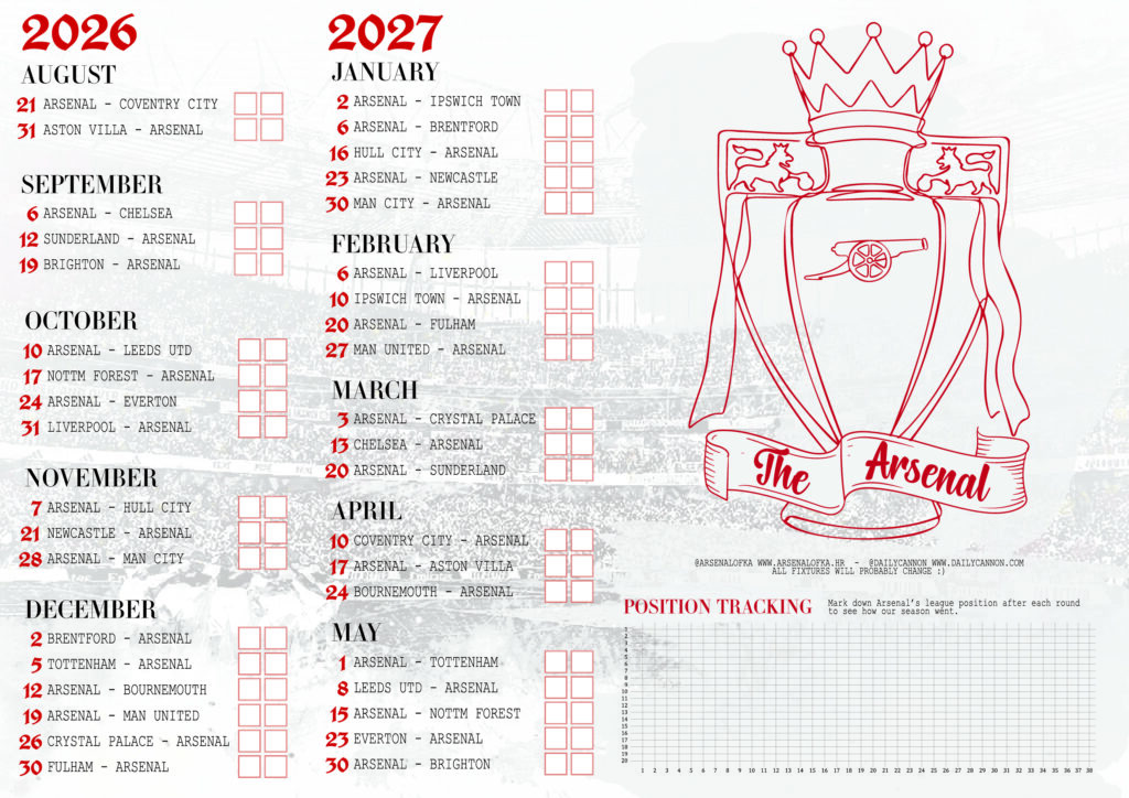 Minimalistic Premier League inspired fixtures wallchart printable