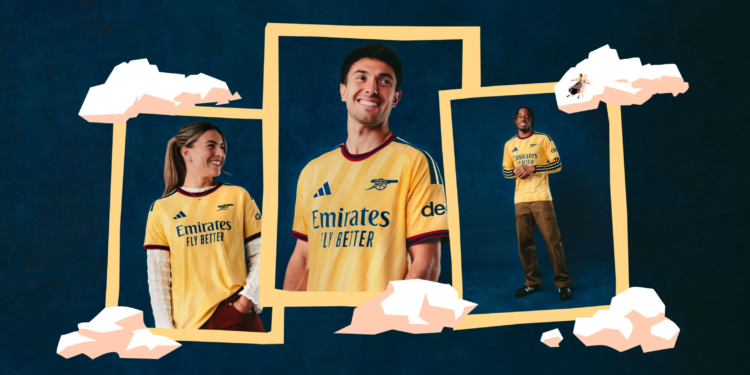 Arsenal.com third kit announcement screenshot featuring Arsenal players in the new kit