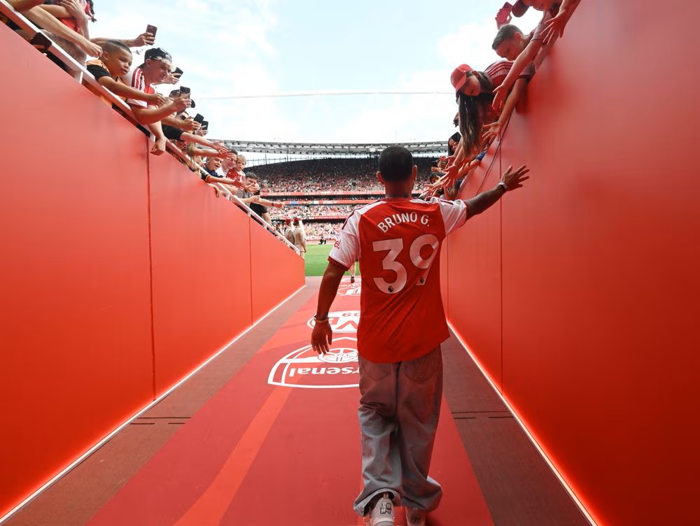 Bruno Guimaraes during his introduction at the Emirates Stadium (Photo via Arsenal.com)