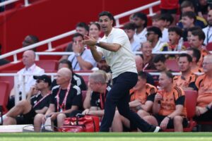 Mikel Arteta, Manager of Arsenal reacts during the during the pre-season friendly match between Arsenal FC and Borussia Dortmund at Emirates Stadium on August 09, 2026 in London, England. (Photo by Justin Setterfield/Getty Images)