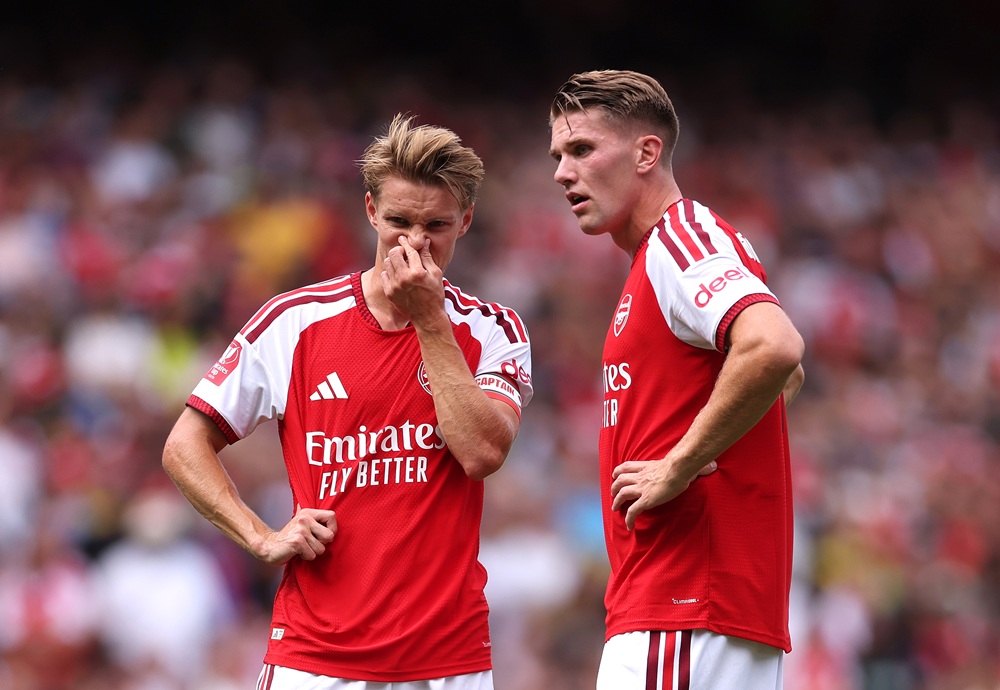 Arsenal's Gyokeres taken aback by Community Shield question 1 Martin Odegaard and Viktor Gyokeres of Arsenal stand over a free-kick during the during the pre-season friendly match between Arsenal FC and Boruss...